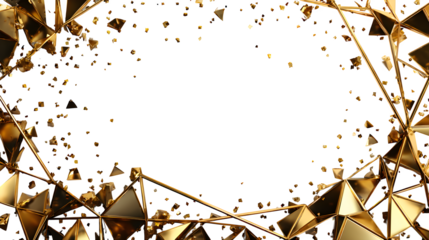 Gold foil overlay frame with scattered geometric shards and minimal polygon shapes on edges, futuristic aesthetic, white background, isolated to transparent background