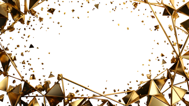 Gold foil overlay frame with scattered geometric shards and minimal polygon shapes on edges, futuristic aesthetic, white background, isolated to transparent background