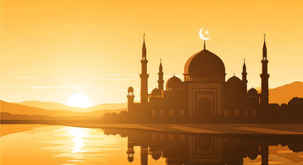 Flat vector scene of riverside mosque at golden hour, shining crescent moon above dome, traditional Islamic architecture