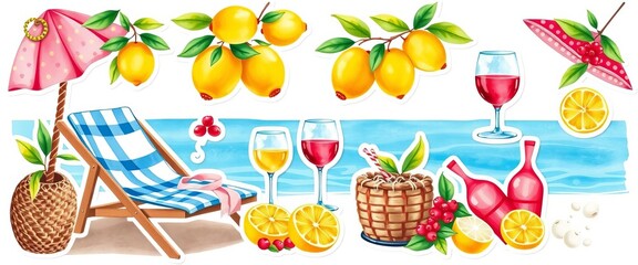 Vibrant watercolor Italian summer sticker set featuring lemons, beach lounger, wine glass, swimsuit, and picnic elements,  vector,  vacation