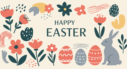 Delightful Happy Easter Design with Flowers, Eggs, and a Cute Bunny Illustration
