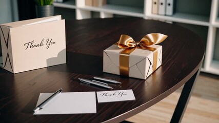 Gift box and thank you card on a wooden table for Boss’s Day