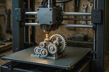 3D printer creating a complex gear mechanism with a glowing nozzle and industrial workshop background