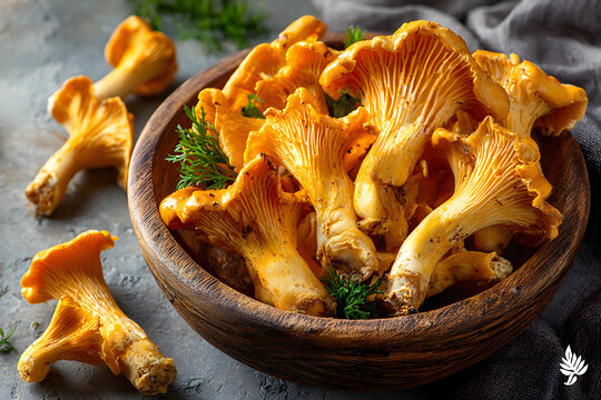 Top view of fresh chanterele mushrooms in a wooden bwl with several mushrooms cattered on light stone bakground