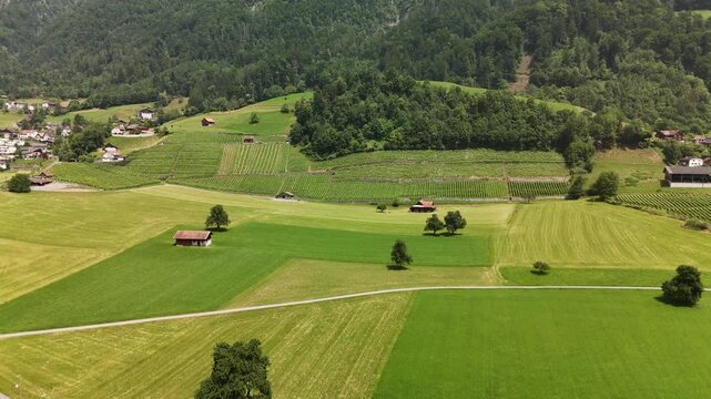 Scenic Aerial View of a Valley with Green Fields and Mountain Landscape in Switzerland near Flums, Berschis, and Walenstadt in the Canton of St. Gallen &ndash; Drone Footage