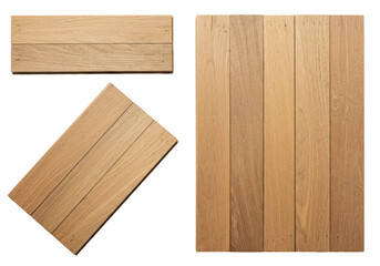 Naklejka premium Three weathered light brown wood planks, distinct grain, isolated on seamless transparent studio background, soft overhead lighting, concept of versatile design elements