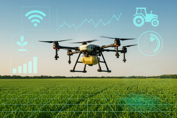 Agricultural drone flying over a green field with futuristic digital interface elements agriculture farming