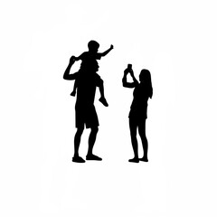 Family silhouette of father giving child piggyback ride while wife photographs them isolated on white background silhouette