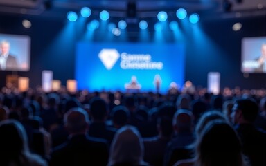 Large crowd gathered in front of a conference stage with speakers, set against a blurred blue background, capturing the event atmosphere. High quality