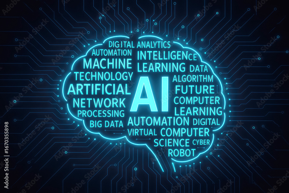 Poster artificial intelligence brain word cloud with circuit board background and glowing blue lines techno