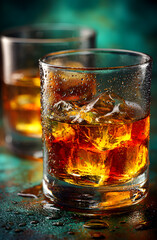 Irish blended whiskey n glasses on dark green backgrund
