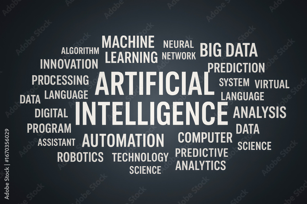 Poster artificial intelligence word cloud with technology related terms machine learning big data