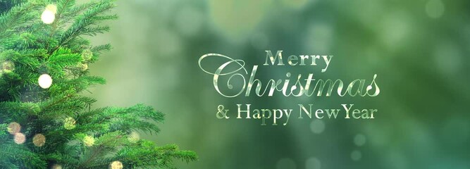christmas tree with golden bokeh lights isolated on green blurred background banner with shiny holiday greeting text, digital motion design christmas and new year card - Powered by Adobe