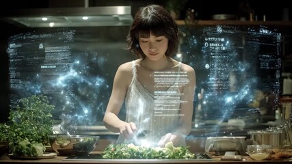 AI in Accessibility: Modern Woman Prepares Healthy Food with Advanced Augmented Reality Cooking Technology - Powered by Adobe
