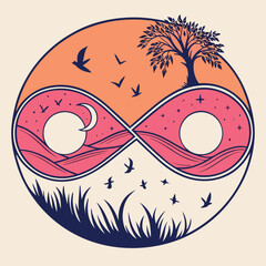 Vector art of stylized yin yang symbol representing day and night with an infinity loop, featuring a tree, birds, moon, and landscape elements