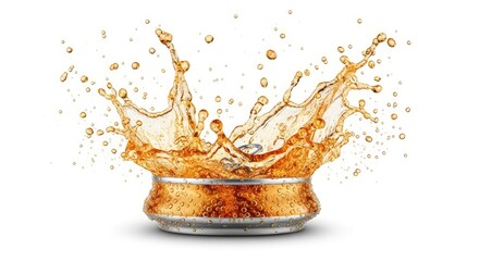 A soda can explodes in a fizzy drink splash