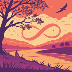 Vector art of man meditating by a river at sunset with an infinity symbol in the sky, surrounded by mountains and trees, conveying peace and reflection