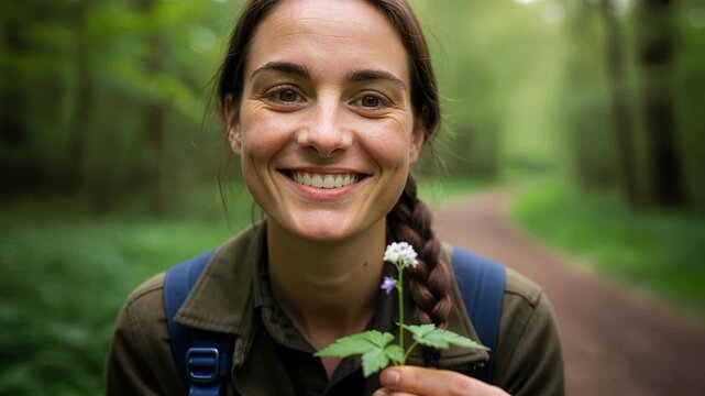 Professional scientist woman gently examining plant specimen while smiling in research laboratory environment