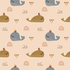 Fototapeta premium Sailboat on whale cartoon so cute. On rainbow wave background. Pattern seamless vector illustration. 