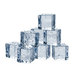 Multiple clear, pristine ice cubes glistening with condensation and air bubbles, artfully arranged on a transparent minimalist surface with expansive negative space, concept of purity and freshness