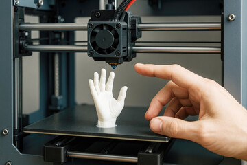 Close-up of a3D printer creating a small white human hand with a person's finger nearby 3D printing