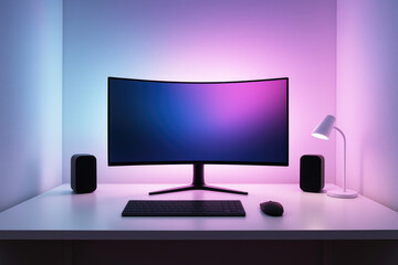 Curved computer monitor with colorful gradient screen on desk with keyboard mouse and speakers display