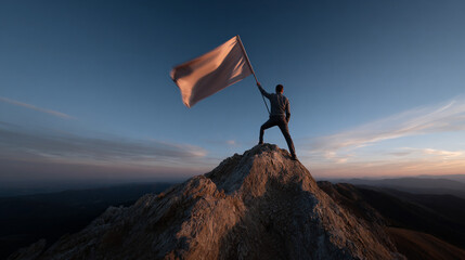 Silhouette of a man with flag on a mountain top.