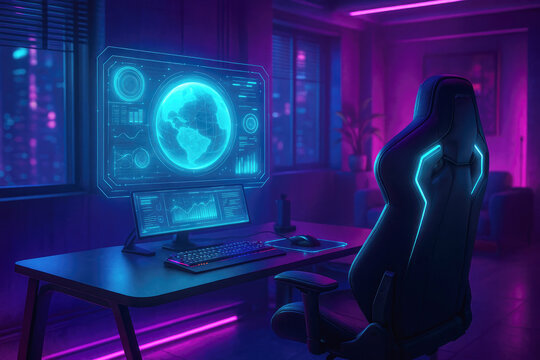 Cyberpunk Gaming Room with Holographic Display and Neon Purple Lighting interior desk