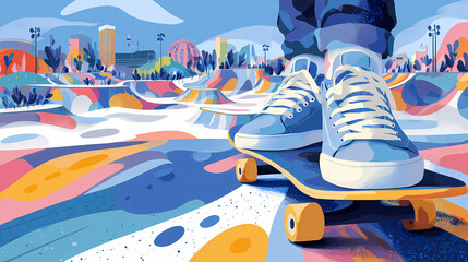 Skateboarder standing on a skateboard in a colorful skate park