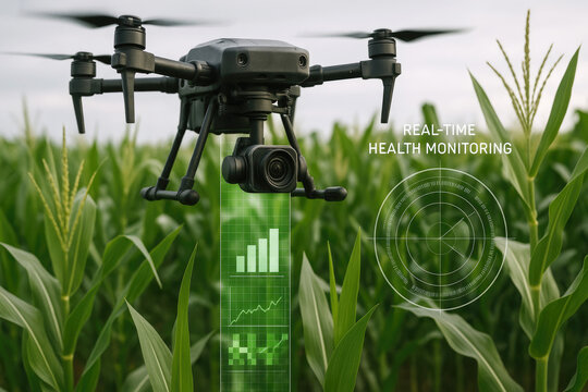 Drone conducting real-time health monitoring of crops in a cornfield with data visualization agriculture