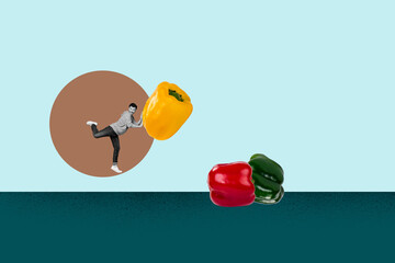 Pop zine 3d image collage of happy girl guy stand red yellow green pepper bulgarian paprika plate detox nutrition dinner vitamin