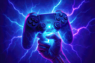 Fist clutching illuminated video game controller with electric lightning effect gaming holding