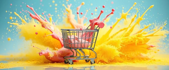 Pastel paint splashes exploding from miniature shopping cart, vibrant motion, vibrant, vivid
