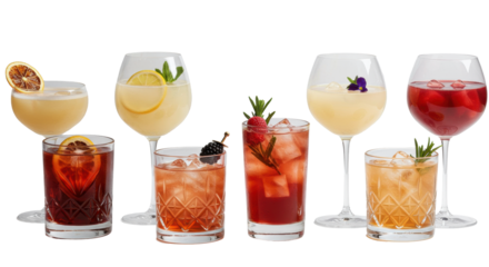 Six vibrant premium cocktails in varied glassware, expertly garnished, elegantly arranged on a transparent studio background with soft high-key lighting. Concept of sophisticated mixology and