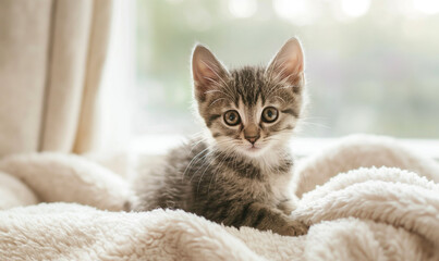 Cute Kitten Lying on Fluffy Blanket Looking at Camera