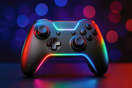 Futuristic black game controller with vibrant neon rainbow lighting and bokeh background video game gaming