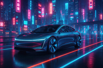 Futuristic Electric Car on a Neon-Lit City Road with Red and Blue Lights futuristic car concept car