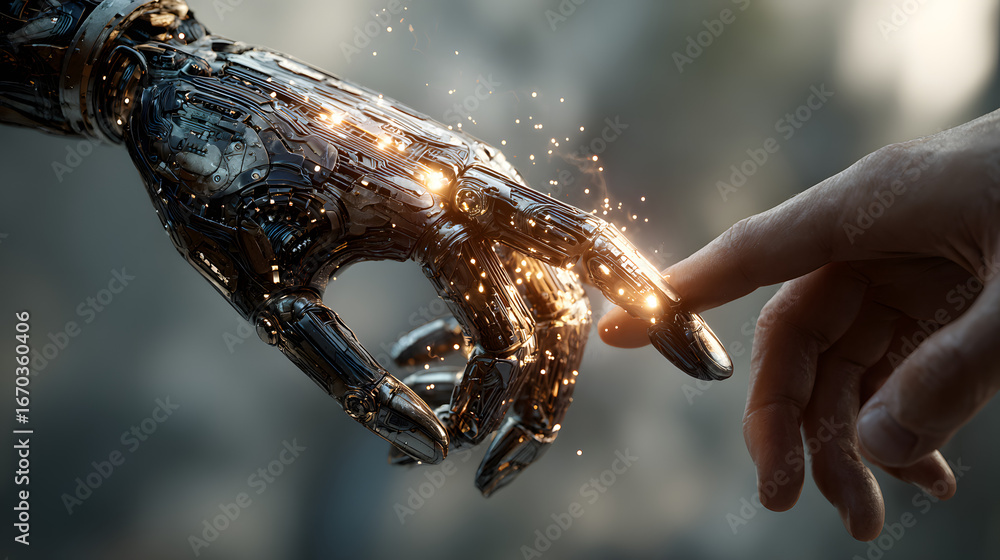Poster human and robot hand touching connection technology rtificial intelligence macine learning concept n