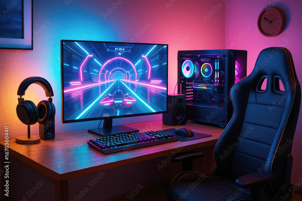 Poster futuristic gaming setup with neon lights and racing simulation on monitor computer desk