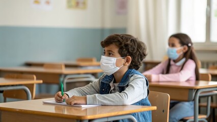 Children in Classroom Wearing Masks for Safety