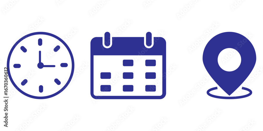 Poster time date address icon set collection vector illustration. event icons vector. location, calendar & 