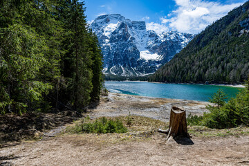 Lago di Braies, Pragser Wildsee in Dolomiti mountains and Seekofel in background,Sudtirol