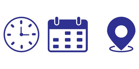 Time date address icon set collection vector illustration. Event icons vector. Location, Calendar & clock icon. Clock, pin map location, and calendar signs set. Business schedule icons clock calendar