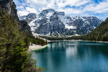Lago di Braies, Pragser Wildsee in Dolomiti mountains and Seekofel in background,Sudtirol,Italy