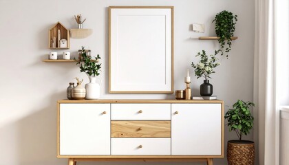 Sunlit Scandinavian Interior with Blank Frame Mockup Above a Wooden Sideboard.
