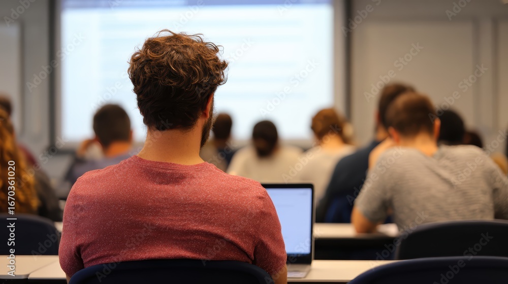 Aufkleber a student attentively listens in a classroom setting, focusing on a laptop while other students are 