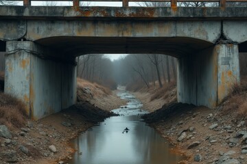 Calm water flows under weathered bridge surrounded by bare trees in a tranquil setting during early morning