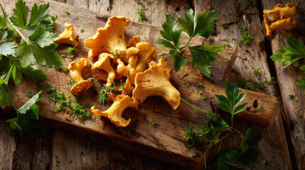 Fresh forest mushroom background food photography - real chanterelles ( cantharellus cibarius ) mushrooms on a cutting board on a wooden table, top view