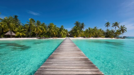 A serene wooden pier stretches over clear turquoise waters, surrounded by lush palm trees and a bright blue sky, creating a tropical paradise scene.