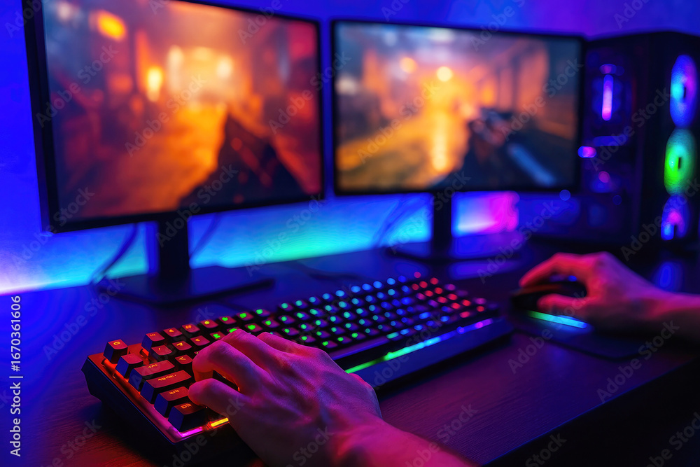 Poster Gamer's hands on illuminated keyboard and mouse with dual monitors displaying game gaming